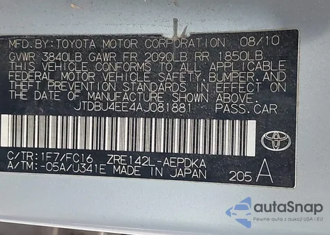 2010 Toyota Corolla Le from USA, damaged, VIN JTDBU4EE4AJ081881